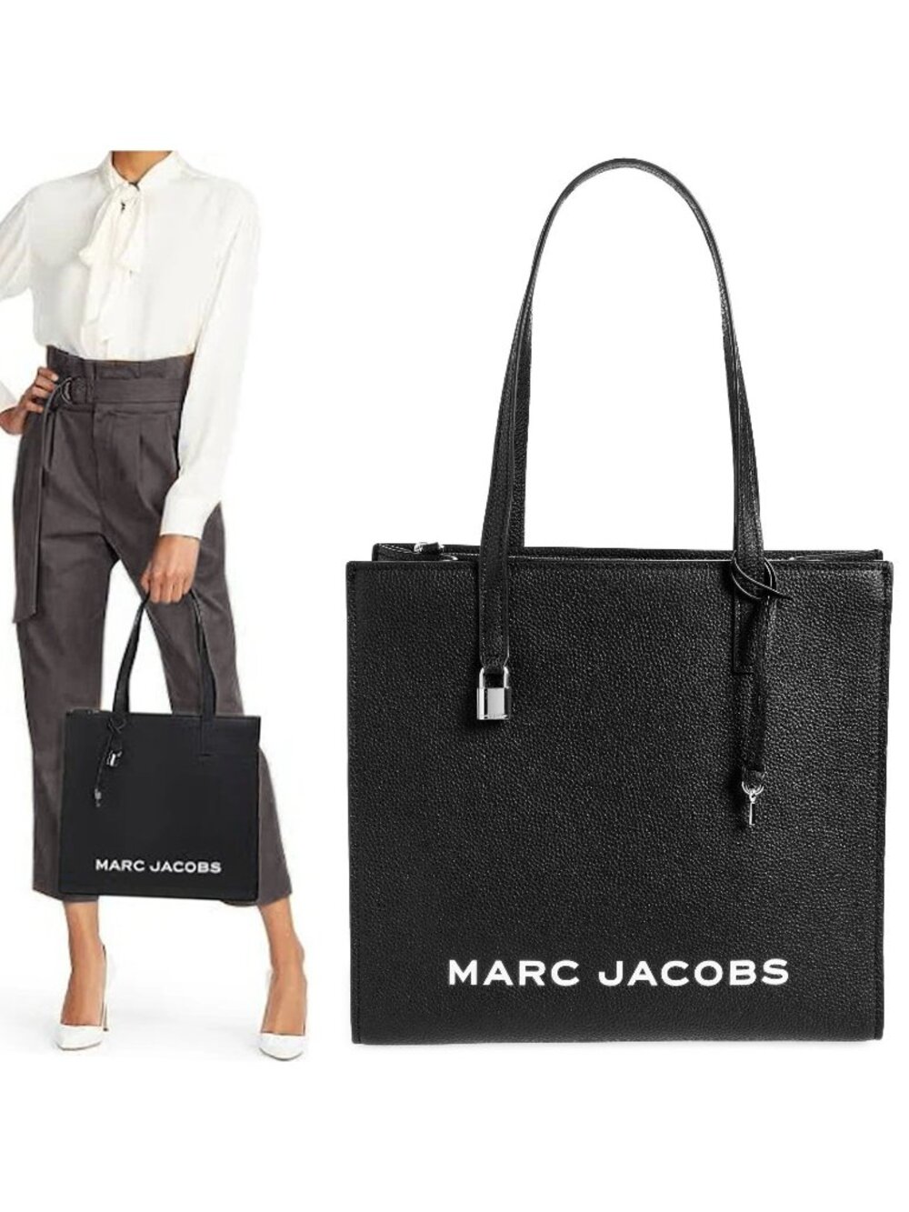 Marc Jacob Grind Leather Tote Shoulder Bag Black / White Logo
